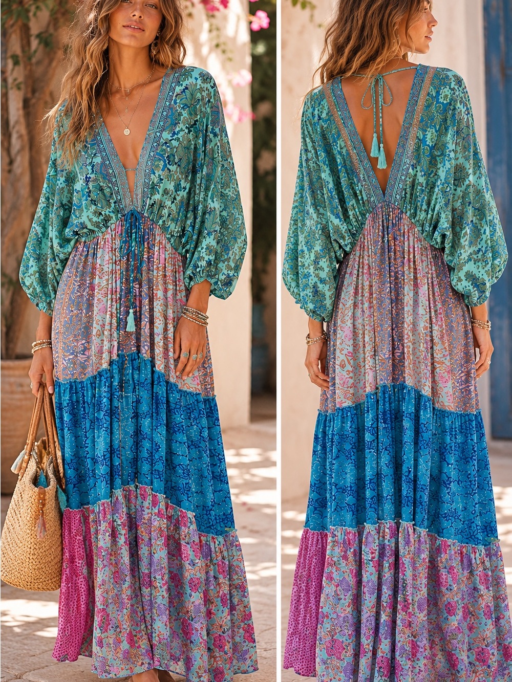 Karma Highway Bohemian V-Neck Tiered Maxi Dress in Teal & Blue